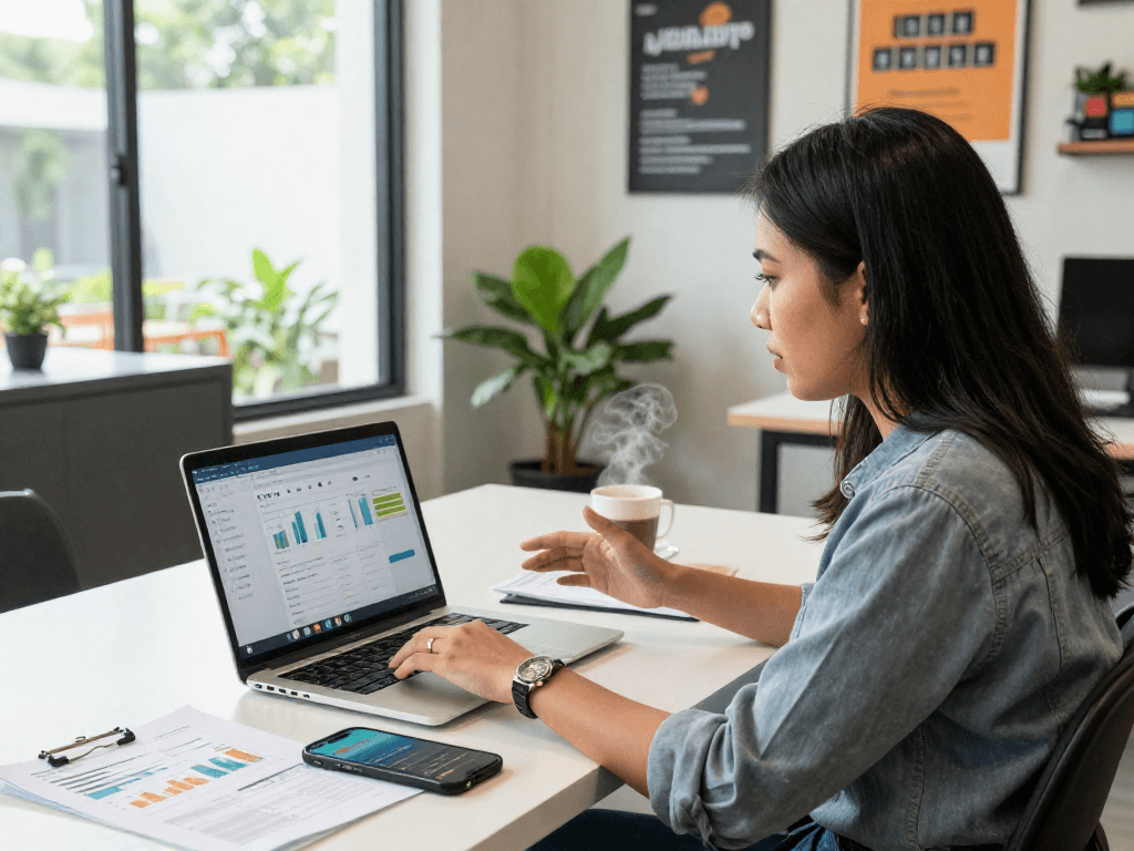 Pengusaha muda Indonesia bekerja di ruang co-working, dengan laptop menampilkan dasbor bos88.