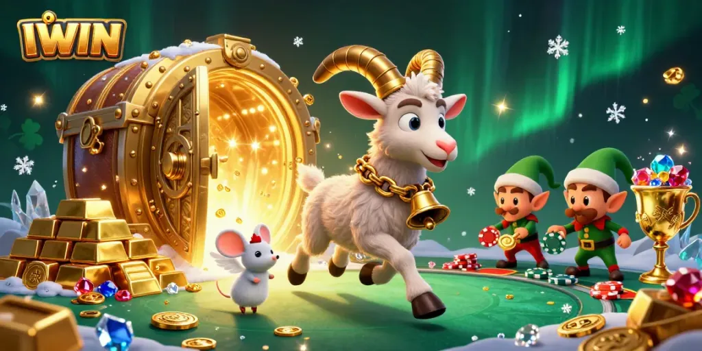 IWIN casino scene showcasing Krampus and playful characters amidst treasures and festive elements.