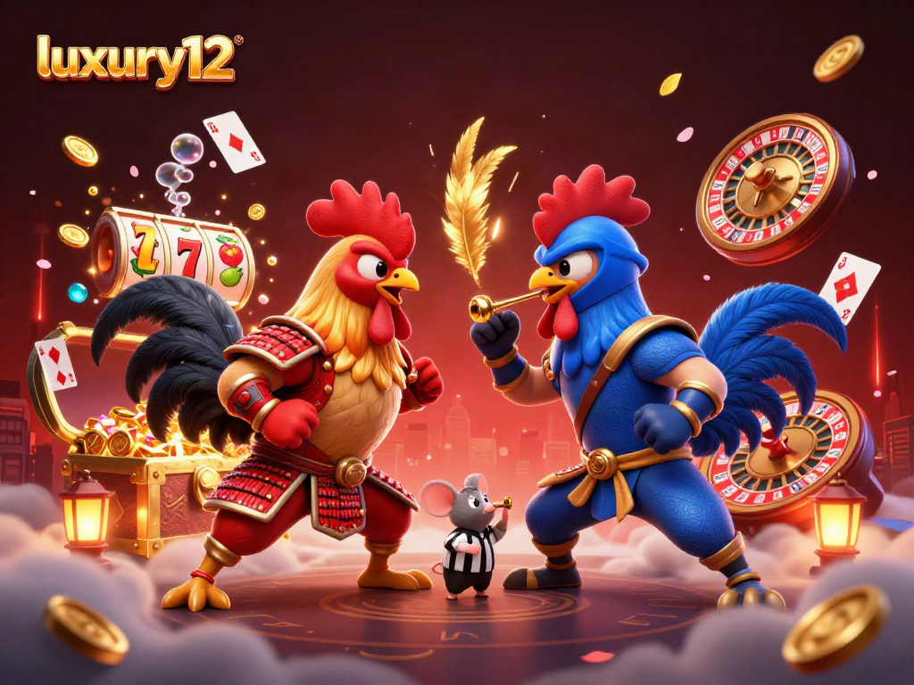 Experience the excitement of luxury12 casino with dynamic fighting roosters in a richly detailed 3D illustration.