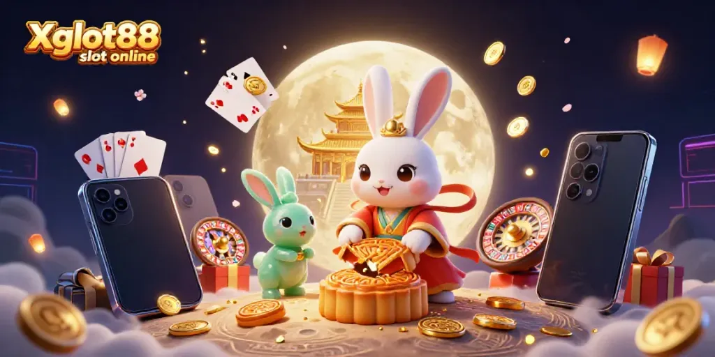 Permainan slot online Xgslot88 dengan karakter kelinci bulan dan elemen kasino yang menarik.
