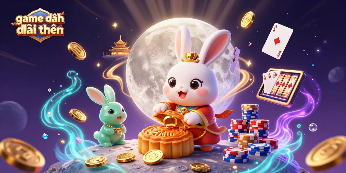 Engage in exciting game đánh bài đổi thưởng with vibrant moon rabbit characters, poker chips, and casino elements.