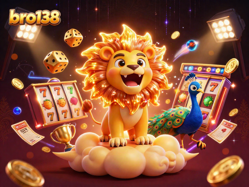 Celebrate winnings at bro138 with a vibrant 3D casino scene showcasing slot reels, lion, and golden dice.
