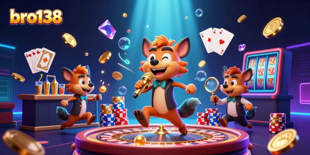 Hyenas entertain at bro138 casino club with gold coins, sparkles, and vibrant gaming elements