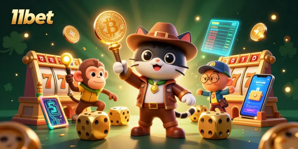 Experience the vibrant casino adventure of 11bet with winning slot reels and glowing artifacts.