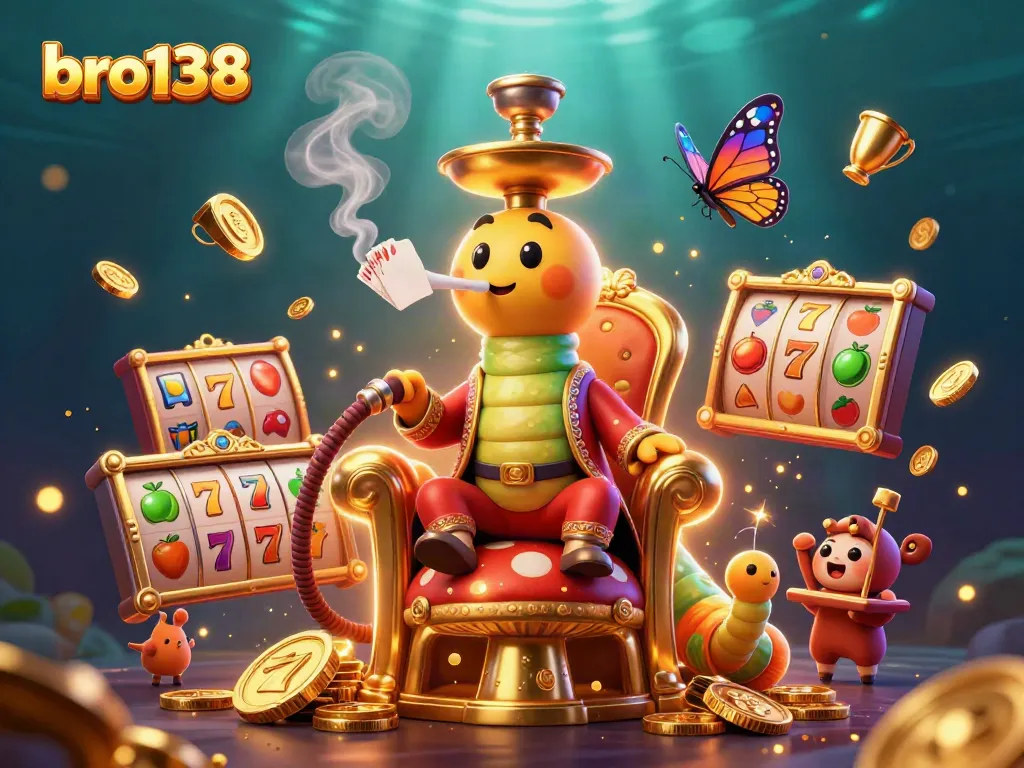 Win big at bro138 with a whimsical 3D illustration featuring a sultan caterpillar and vibrant slot reels.