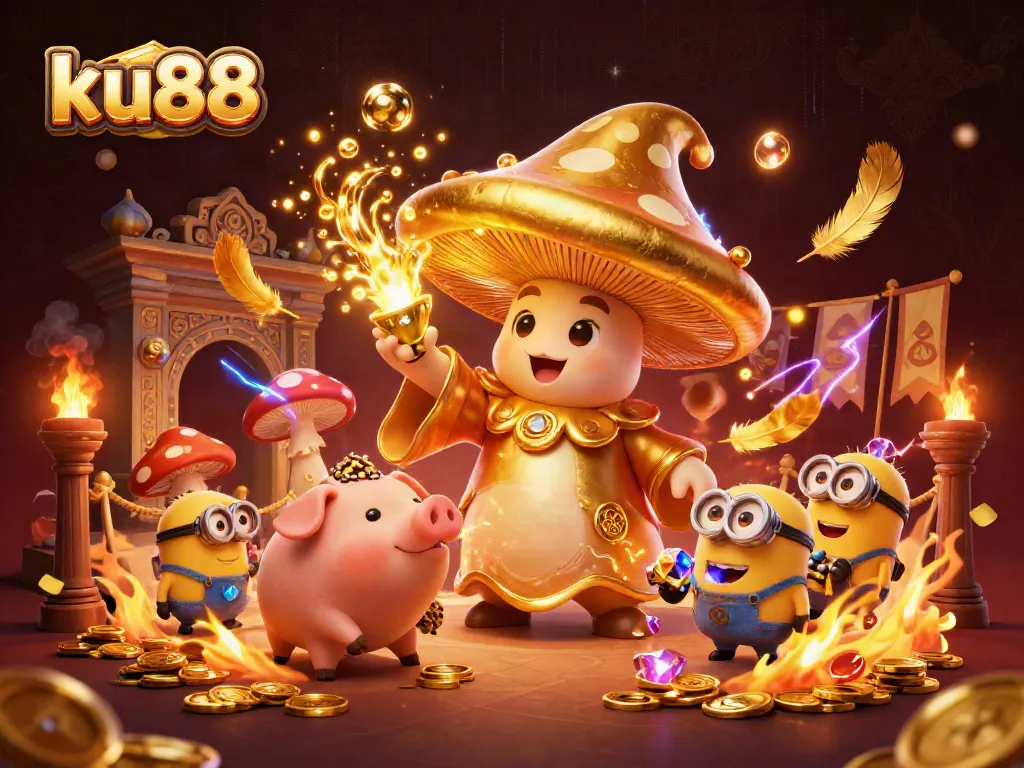 Experience winning magic at ku88 casino with a golden mushroom wizard, treasure, and dynamic gambling elements.