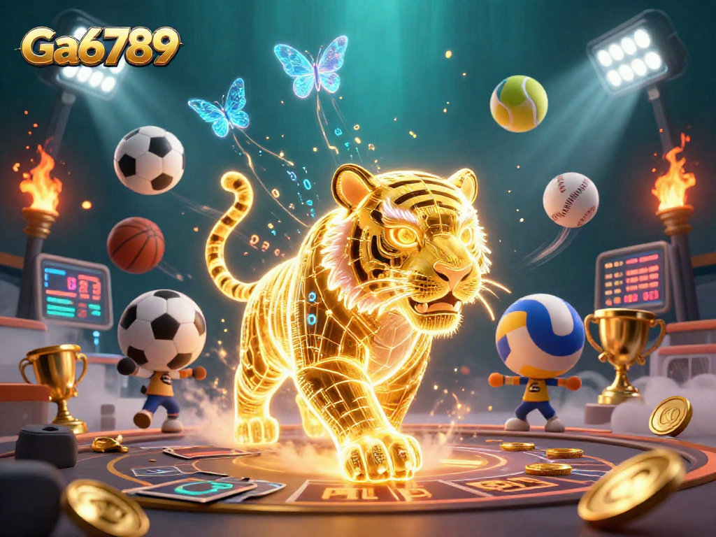 Ga6789 showcases vibrant casino energy with a golden tiger, sports balls, and thrilling betting action.