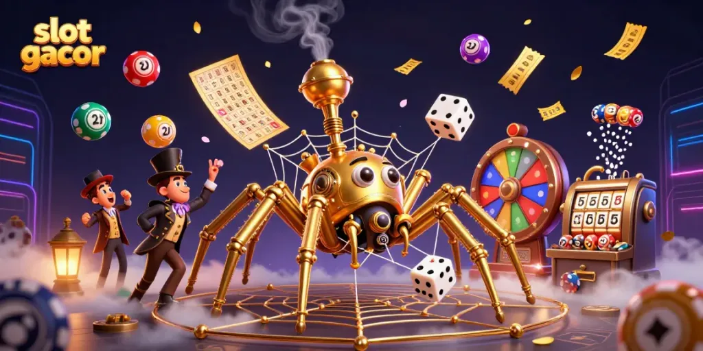 Engage with slot gacor through a vibrant 3D illustration of a steampunk spider and magical elements.