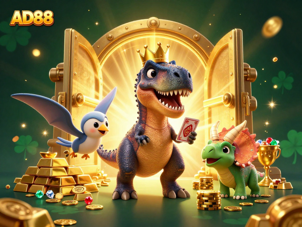 Engage in thrilling gameplay at AD88 while a friendly T-Rex shuffles cards in a colorful casino scene.