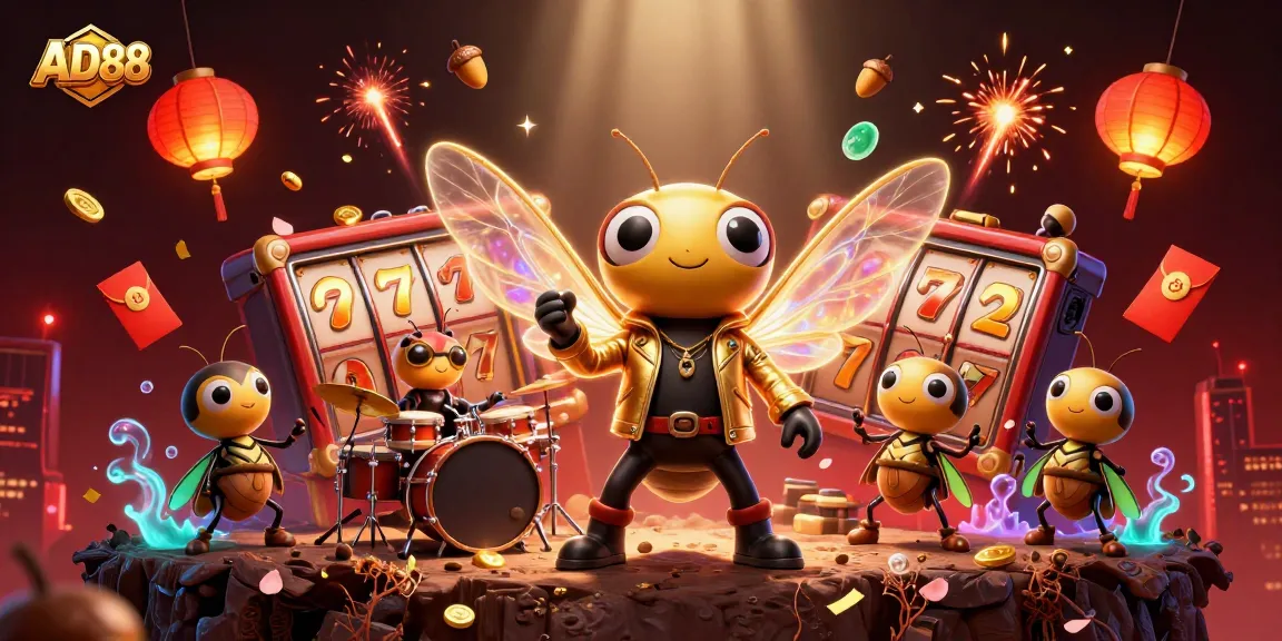 AD88 offers thrilling slot experiences with its vibrant casino illustration featuring characters and symbols.