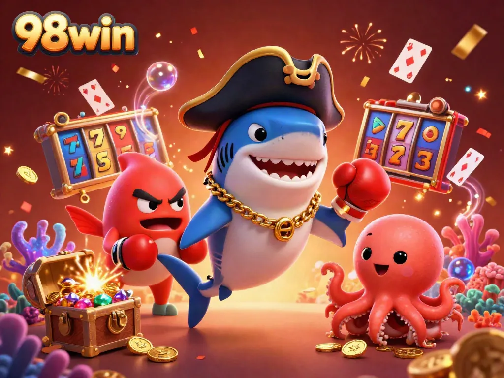 Engage with exciting game elements as 98win showcases a lively pirate scene filled with gold coins and casino treasures.