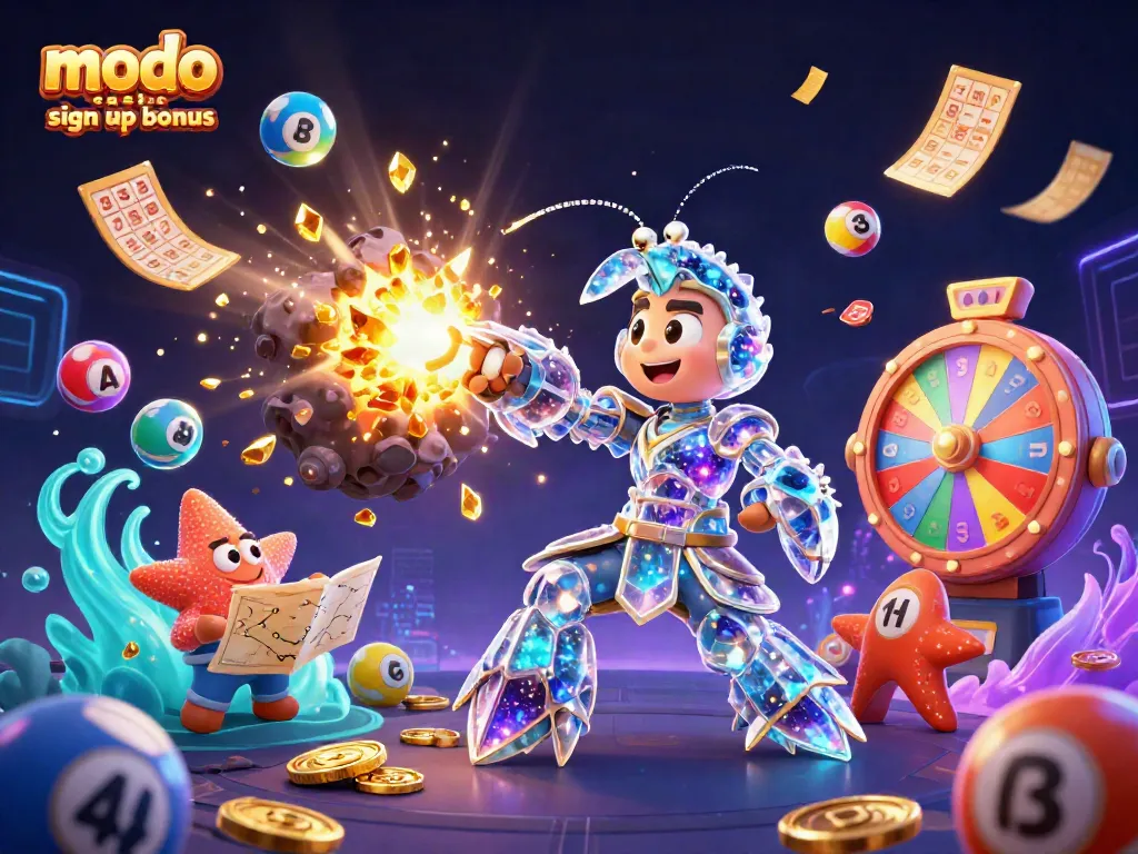 Engage with the Modo Casino sign up bonus featuring a vibrant scene of action-packed characters and thrilling gaming elements.
