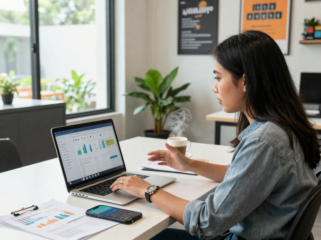 Pengusaha muda Indonesia bekerja di ruang co-working, dengan laptop menampilkan dasbor bos88.