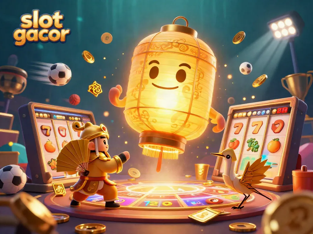 Ilustrasi 3D menarik yang menampilkan slot gacor dengan simbol keberuntungan dan elemen kasino lainnya.