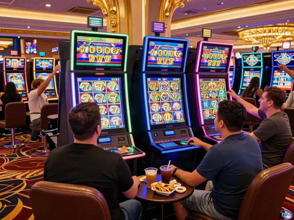 Exciting Lucky777 casino gaming scene with diverse players at slot machines.