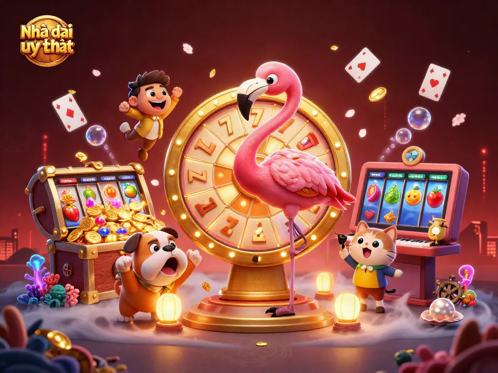 Engage with Nhà cái uy tín in this vibrant 3D casino illustration showcasing thrilling gameplay elements and prizes.