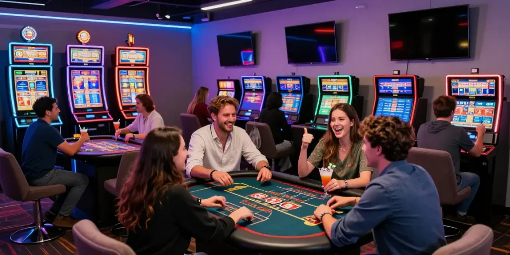 Exciting akunjp online gambling scene with diverse players and colorful gaming machines.
