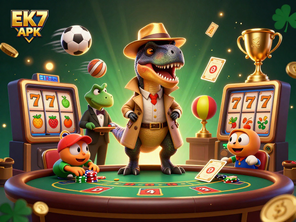 Betting dynamics featuring EK7 APK in a vibrant casino scene with characters and gaming elements.