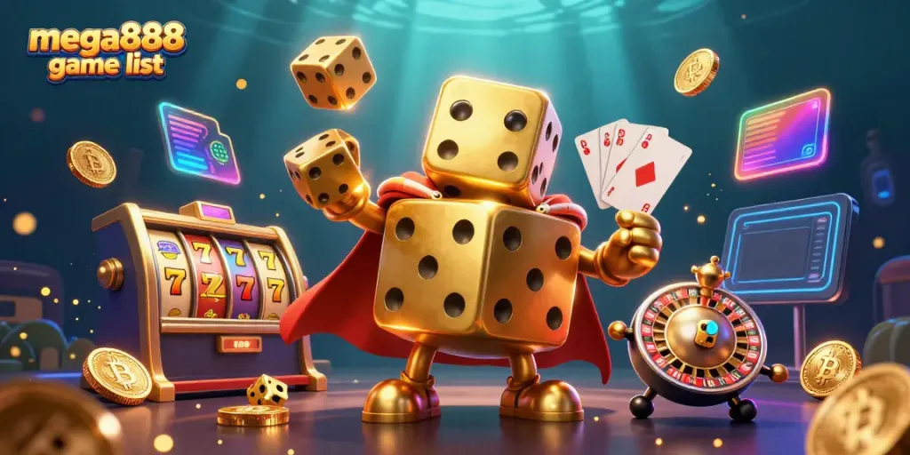 Engage with the mega888 game list through an immersive casino landscape featuring vibrant characters and game elements.