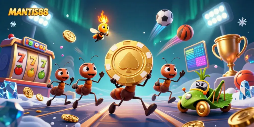 Experience MANTIS88 in action with cartoon ants carrying a poker chip amidst dynamic casino elements.