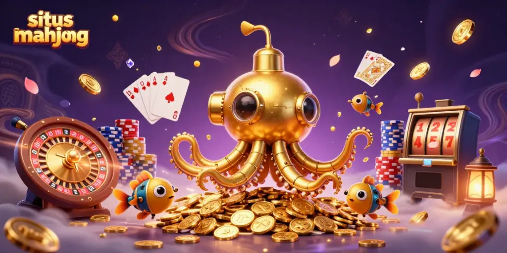 Engage in situs mahjong while encountering a golden kraken submarine amidst a dazzling treasure scene.