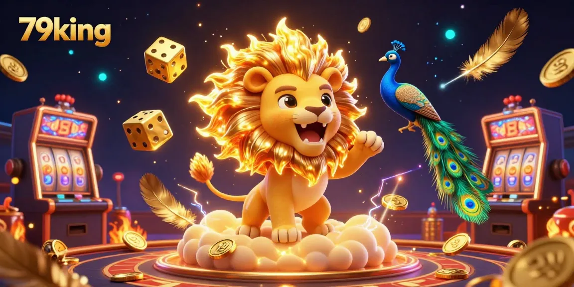 Cocktail of excitement featuring 79king with a triumphant sun lion and golden dice in a vibrant casino scene.