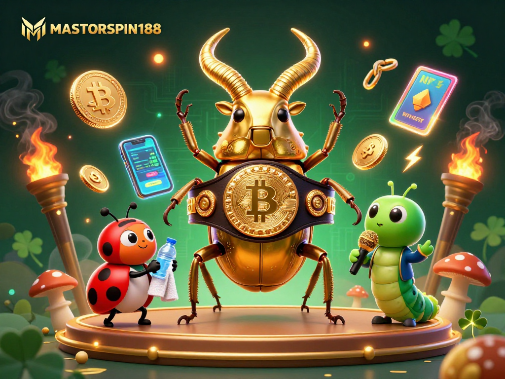 Engage with MASTERSPIN188, a vibrant crypto casino scene featuring a golden beetle and neon elements.