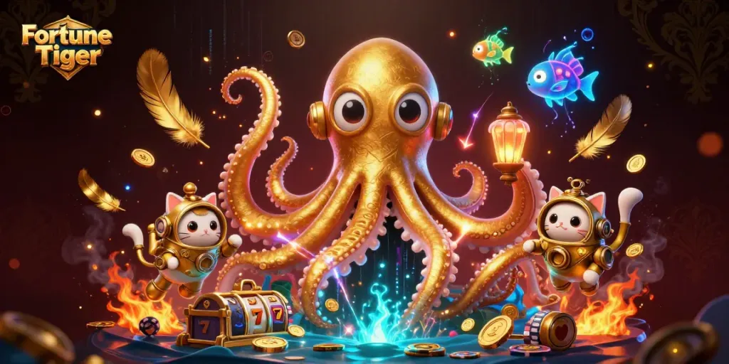 Spin to win with Fortune Tiger in this vibrant underwater casino adventure illustration.