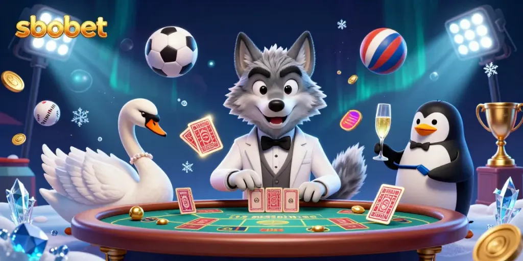 Experience sbobet excitement with a debonair wolf at a baccarat table amidst swirling sports elements.
