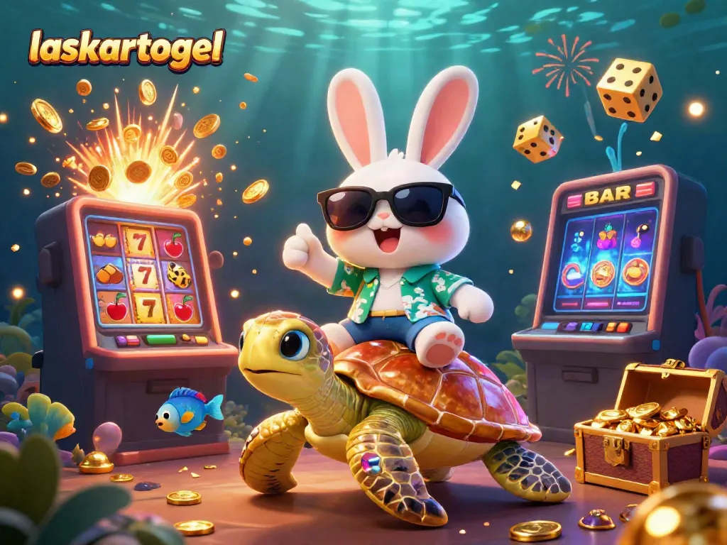 Experience thrilling gameplay with Laskartogel, featuring a lucky rabbit and golden sea turtle in a vibrant casino scene.