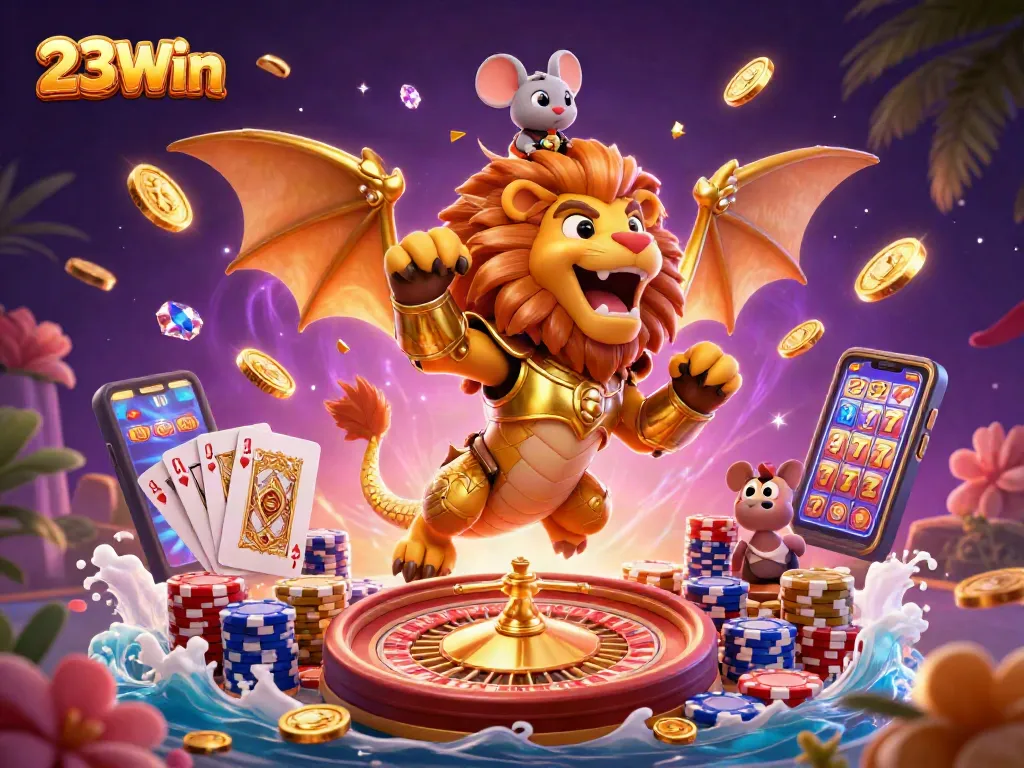 Engage with 23Win's vibrant casino scene featuring golden coins and a dynamic chimera!