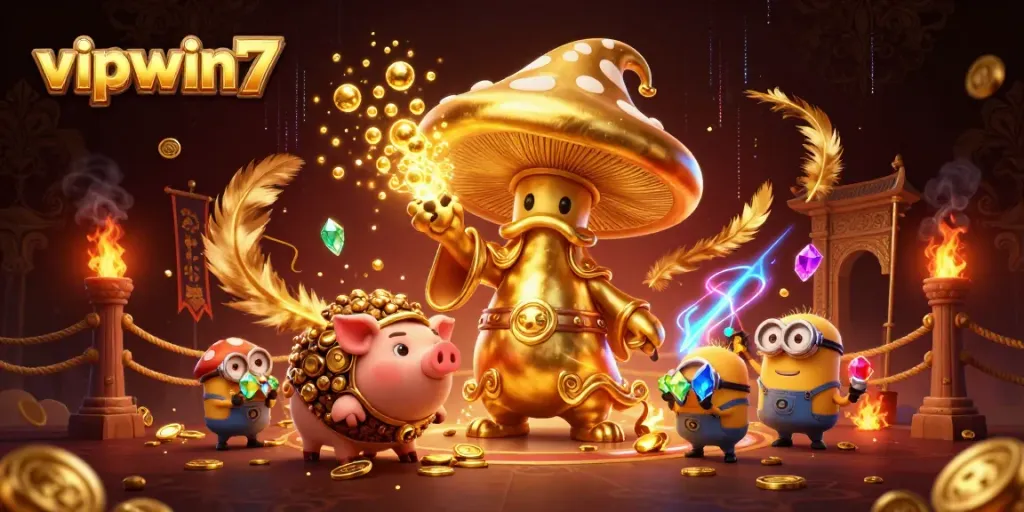 Experience thrilling wins with vipwin7 in this vibrant 3D casino adventure illustration.