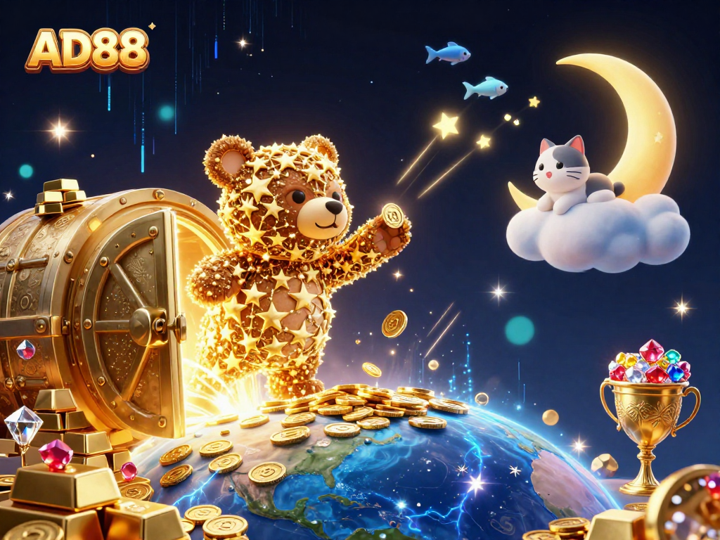 AD88 offers thrilling gaming experiences with dazzling rewards showcased in vibrant, illustrated style.