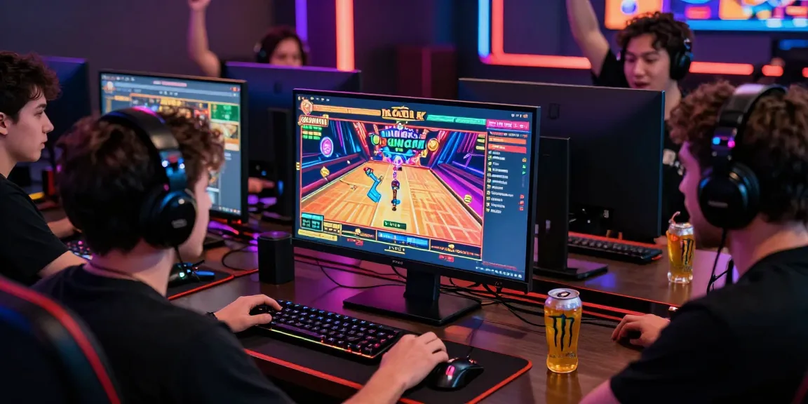Player engaged in a thrilling bandar slot game in a vibrant online gaming setup, surrounded by gaming gear.