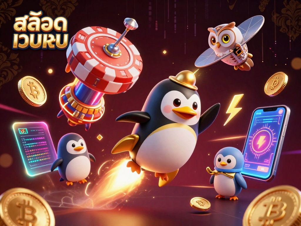 Experience thrilling สล็อตเว็บตรง gameplay with a dynamic scene of a golden penguin soaring into a crypto-powered casino universe.