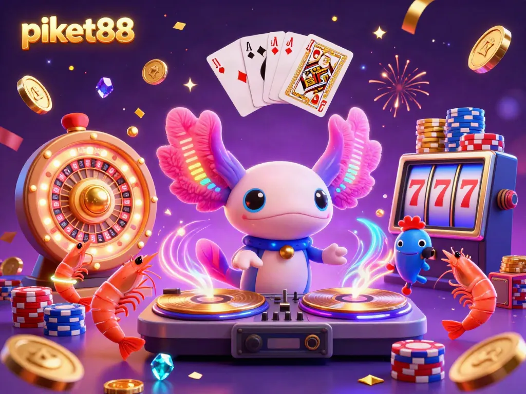 Experience the excitement of piket88 with a vibrant DJ axolotl and party characters, showcasing lively gaming elements.
