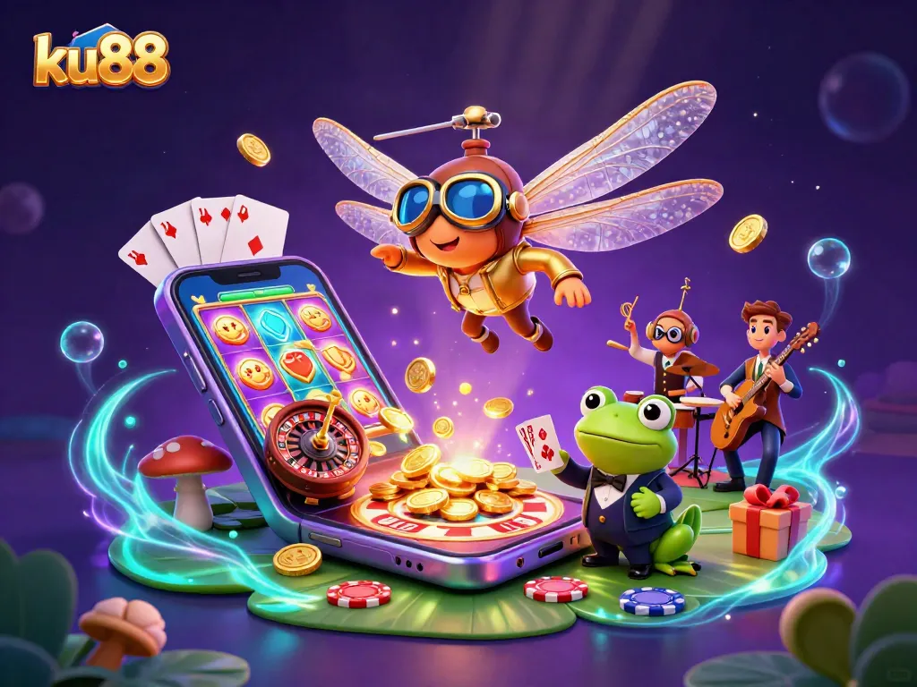 Experience gaming thrills with ku88 at a lily pad casino featuring unique characters and vibrant elements.