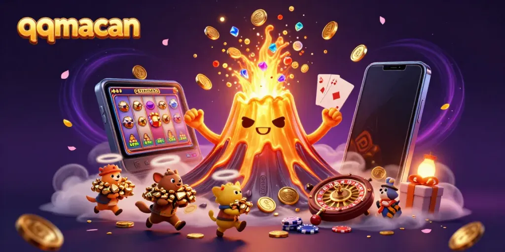 qqmacan illustrated volcano erupting with treasures creates a vibrant casino atmosphere