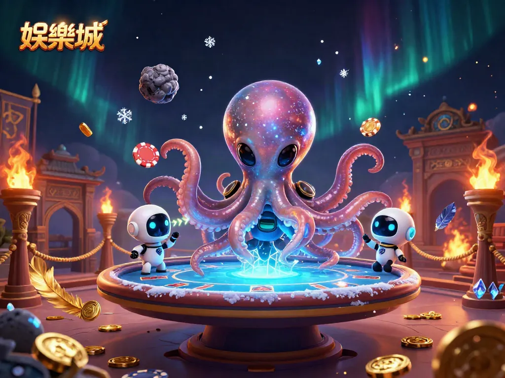 在娱乐城中,外星章鱼操控全息扑克桌,赌注的金币与奖励四处漂浮。