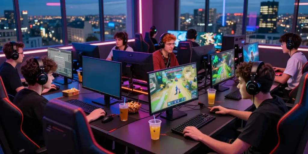 Exciting game online competition scene with players engaged in vibrant gameplay.