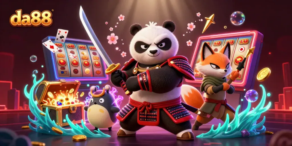 Experience the excitement at da88 with a dynamic visual of samurai panda and ninja fox in a vibrant casino setting.