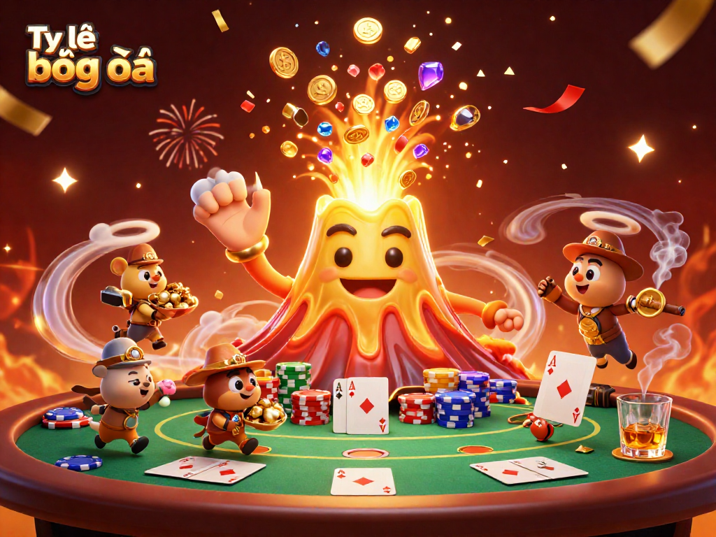 Bet on Tỷ lệ bóng đá with this vibrant illustration showcasing an erupting volcano and poker elements.