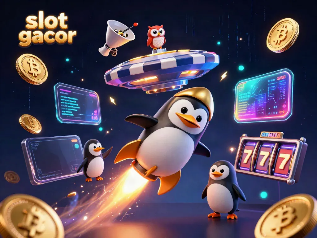 Experience thrilling slot gacor action with a golden penguin in a magical casino scene.