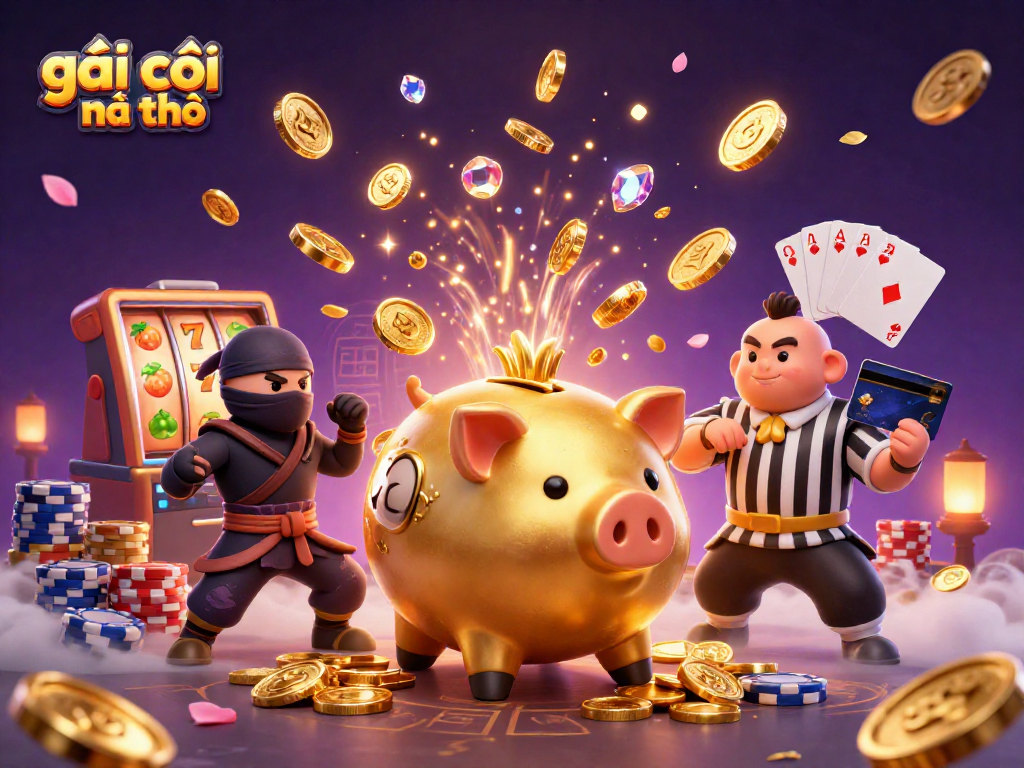 Engaging scene featuring the "gái gọi cần thơ" golden piggy bank sumo wrestler among casino elements as coins rain down.