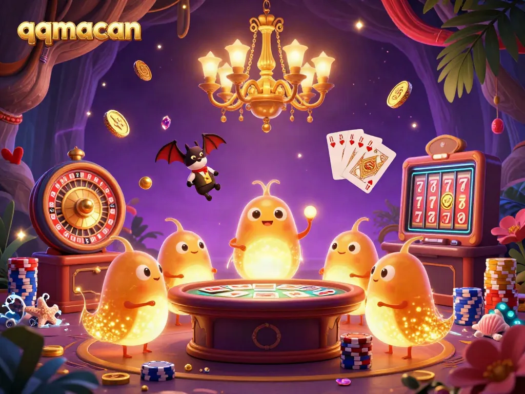 Engage in the vibrant world of qqmacan, illuminated by glowing characters in a cave casino.