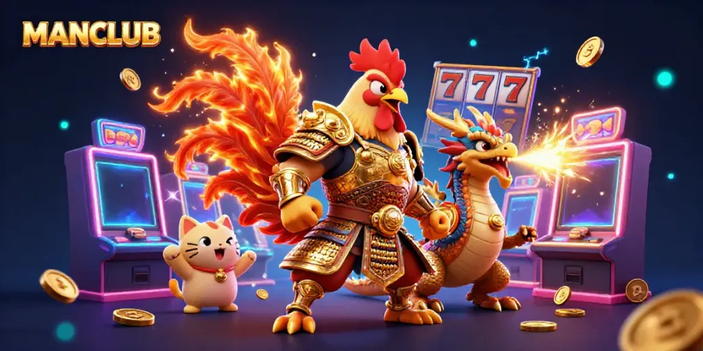 Engage with MANCLUB's vibrant 3D casino scene featuring a fighting rooster, dragon hatchling, and fortune cat.