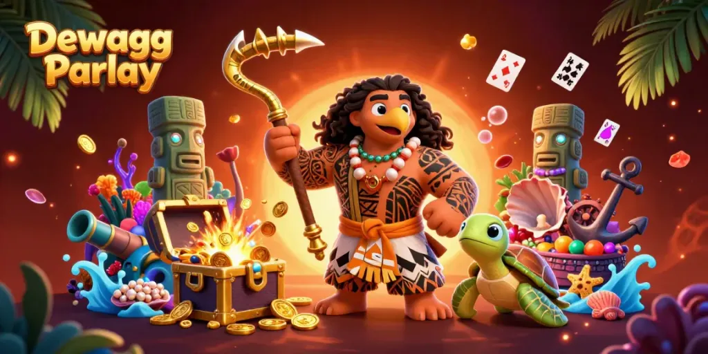 Engage in thrilling betting with Dewagg Parlay, featuring tropical characters and vibrant scene.