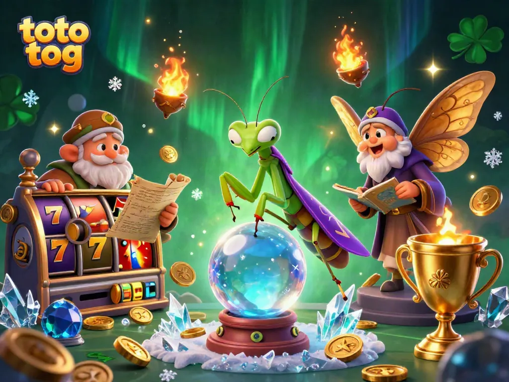 Engage with toto tog in a vibrant, cartoonish casino scene featuring a fortune teller and mystical elements.