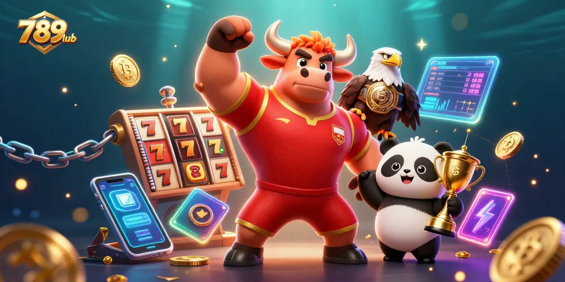 Engage with exciting winnings at 789club, featuring a victorious bull mascot amidst casino and crypto elements.