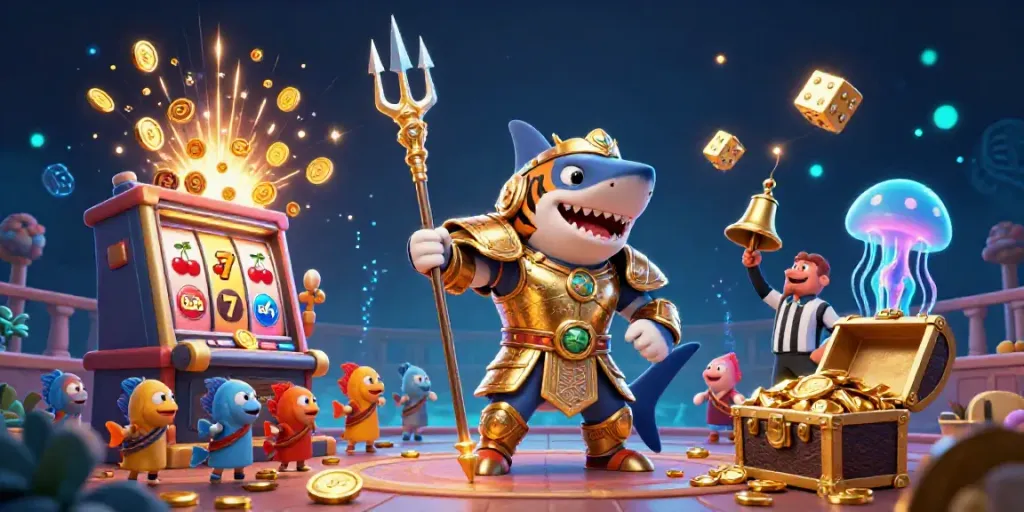 Homepursuits menampilkan hiu kartun ganas dalam armor gladiator emas, dikelilingi mesin slot dan simbol keberuntungan.